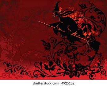 Halloween images on red floral background