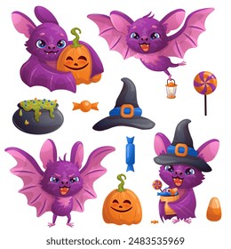 Halloween images set with bat, cauldron, pumpkin, witch hat isolated on white background. Vector illustration.