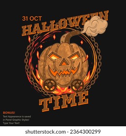 Halloween infernal circular label in steampunk style with pumpkin head, rusty gears, rough chains, fire. Editable text appearance. Creative fantasy concept. Human generated