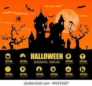 Halloween infographic template. Design with scarecrow, tree and old castle. Isolated icon set. Vector illustration