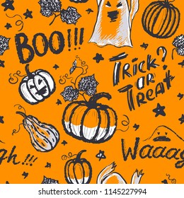 Halloween ink hand drawn ghosts and pumpkins with lettering seamless pattern