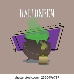 Halloween inscription with bottle with poison and cauldron with potion. Typed text, calligraphy. Holiday, celebration, party, magic concept. Vector illustration for banner or poster design