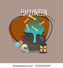 Halloween inscription with cauldron, vintage lantern, skull, bones, lollipops. Typed text, calligraphy. Holiday, celebration, party, magic concept. Vector illustration for banner or poster design