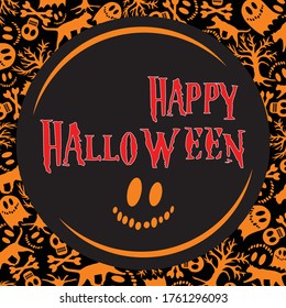 Halloween inscription in a frame with skulls, cat, trees, ghosts. They are suitable for fabric, packaging, decor, postcards, background.