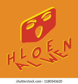 Halloween inscription in isometric projection. Frightening mask. Yellow and orange color.