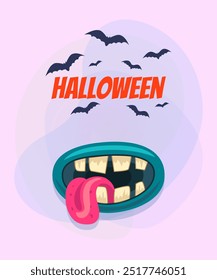 Halloween inscription with monster month and tongue. Flying bats on abstract background. Celebration, party, holiday concept. Vector illustration for invitation, banner or poster