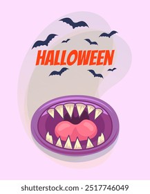 Inscrição de Halloween com mês de monstro aberto e morcegos voadores em fundo abstrato. Celebração, festa, conceito de medo. Ilustração vetorial para convite, banner ou cartaz