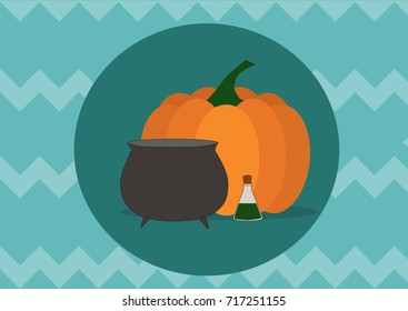 Halloween inscription, pumpkin and bowler hat on blue zigzag background.