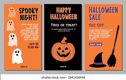 Halloween instagram stories. Halloween social media posts. Halloween sale and invitation. Flat Illustration. Ghosts, pumpkin and witches hat.