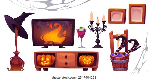 Halloween interior design accessories set isolated on white background. Vector cartoon illustration of witch hat, broomstick, burning fireplace, pumpkin lanterns, chandelier with candles, spider web