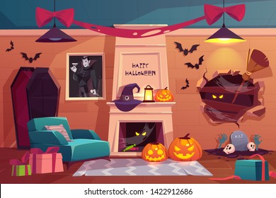 Halloween interior, empty scary vampire room with pumpkins, fireplace, furniture, coffin, spiderweb, flying bats and witch accessories. Place for happy party celebration. Cartoon vector illustration