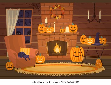 Halloween interior. Festive decoration of the house with pumpkins and candles. Burning fire in the fireplace. Living room. Cartoon style. Vector illustration.