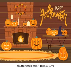 Halloween interior. Festive decoration of the house with pumpkins and candles. Burning fire in the fireplace. Living room. Cartoon style. Greeting card. Vector illustration.
