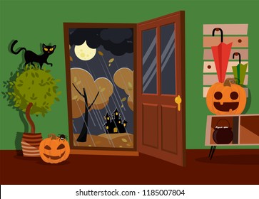 Halloween interior of hallway decorated with pumpkins faces, boiler and spider with open door to street. Black cat on home plant. Moon landscape, yellow trees, rain. Flat cartoon vector illustration