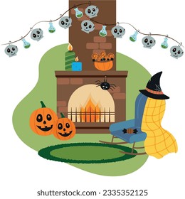 Halloween interior. Magic house party celebration indoors scary home, messy room horror object, chair night fireplace candles cartoon vector illustration of house room halloween cartoon scary