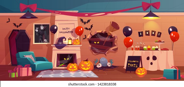 Halloween interior for party celebration, empty scary vampire room, table with treat, pumpkins, fireplace, balloons, coffin, spiderweb and witch accessories, happy holiday Cartoon vector illustration