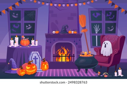 Halloween interior room. House with spooky holiday decoration. Vector illustration