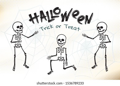 Halloween Inverted Holidays Creative Concept with Logo Trick or Treat Lettering and Comic Big Skull Single Brush Stroke Style Skeletons - Black on Spider Web Background - Vector Mixed Graphic Design