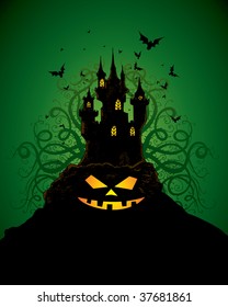 halloween invitation or background with castle, bats and pumpkin