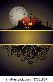 halloween invitation or background with castle, bats and pumpkin