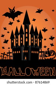 halloween invitation or background with castle and bats
