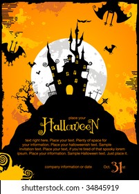 halloween invitation or background with spooky castle and bats