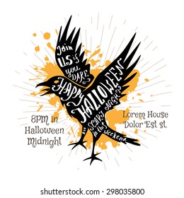 Halloween invitation banner with black shape of flying crow and calligraphic holiday wishes. Hand lettering poster.