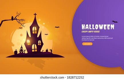 Halloween invitation banner concept with creepy empty house illustration