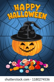Halloween invitation, banner or greeting card. Vector illustration in flat style. Scary pumpkin in witch hat and bright candies.