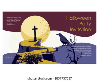 Halloween invitation banner. Happy Halloween night event party, festival template with graveyard and gravestone at moonlight cartoon vector illustration