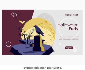 Halloween invitation banner. Happy Halloween night event party, festival template with graveyard and gravestone at moonlight cartoon vector illustration