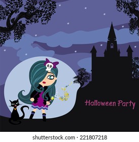 halloween invitation with beautiful witch and creepy castle 