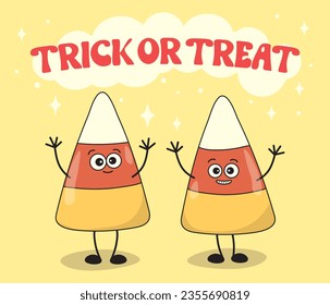 Halloween invitation card with candy corn characters in groovy style with text trick or treat