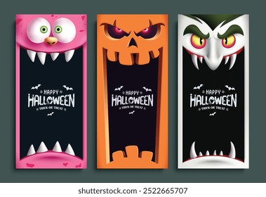 Halloween invitation card characters vector poster design. Happy halloween greeting text in monster character template collection for kids party invitation card design. Vector illustration horror 