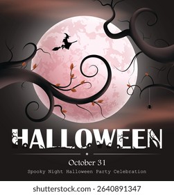 Halloween invitation card clipart design. Halloween text with full moon scary background for spooky night party celebration invitation card clip art vector illustration. 
