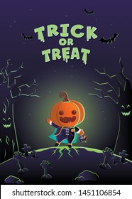 Halloween invitation card. Halloween costume monster in the graveyard background.