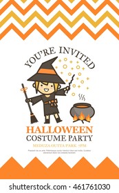 halloween invitation card for costume night party. cute kid cartoon character style