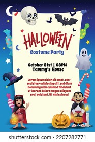 Halloween Invitation card in Cute Funny Cartoon Style