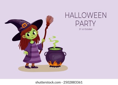 Halloween invitation card with cute girl in witch costume and witch's cauldron with boiling brew.  Holiday characters vector. Isolated