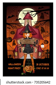 Halloween invitation card. Cute girl in a witch costume against the backdrop of a haunted house. Vector illustration