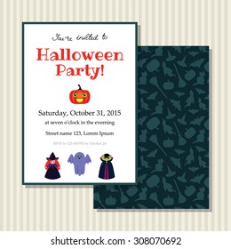 Halloween invitation card with cute little witch, ghost, vampire and pumpkin. Vector template.