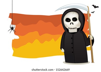 Halloween invitation card with death costume figure with scythe on colorfull background