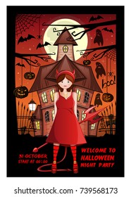 Halloween invitation card design. Welcome to Halloween night party. Pretty girl in a devil costume on the background of a haunted house. Vector illustration