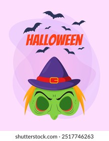 Halloween invitation card design with wicked man mask and flying bats on abstract background. Celebration, party, holiday concept. Vector illustration for banner, postcard or poster