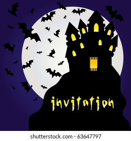 Halloween invitation or halloween card with dracula dark castle with lights on rocks and bats and moon, with place for text, vector illustration