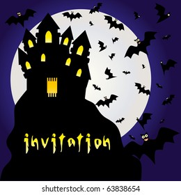 Halloween invitation or halloween card with dracula dark castle with bats and moon, with place for text, vector illustration