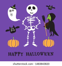 Halloween invitation card event in purple background.Cute cartoon kid party skeleton ,witch and broom ,bats ,ghost ,pumpkin with text.