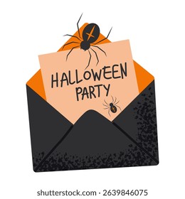 Halloween invitation card featuring in black envelope with spiders and bold Halloween Party lettering. Perfect for October party planning and seasonal designs. Vector illustration