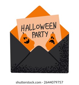 Halloween invitation card featuring in black envelope with pumpkins and bold Halloween Party lettering. Perfect for October party planning and seasonal designs. Vector illustration