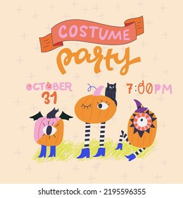 Halloween invitation card with handwritten text and traditional symbols. Hand lettering Costume Party and funny pumpkins with eyes in witch clothes. Autumn holiday inscription